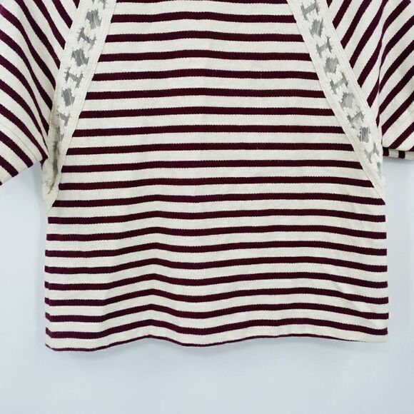 Old Navy Size XS Cream & Maroon Striped Lace Inset Short Sleeve Boxy Top - Picture 3 of 7